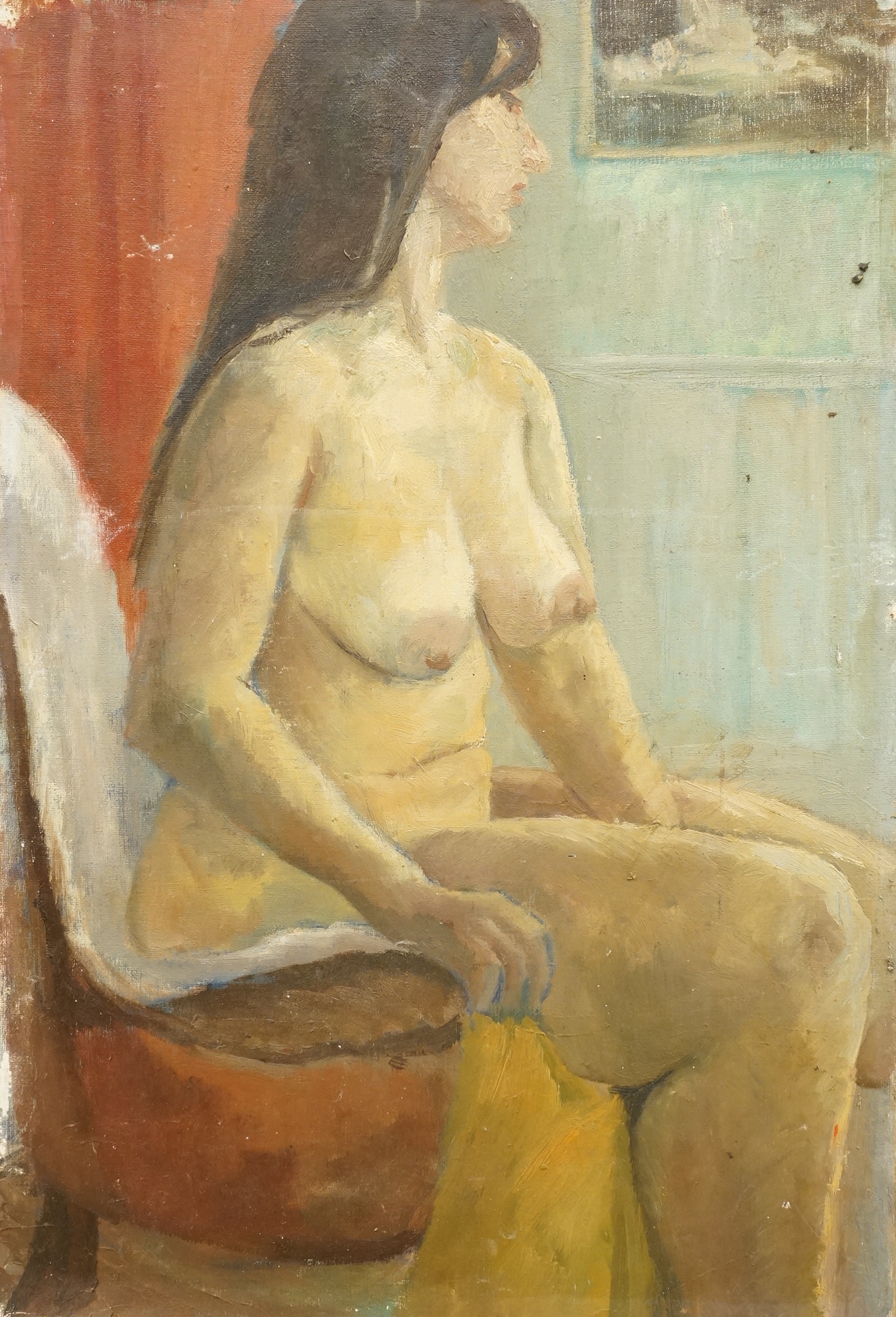 Modern British, Study of a nude woman, unsigned, unframed, oil on board, 75 x 52cm